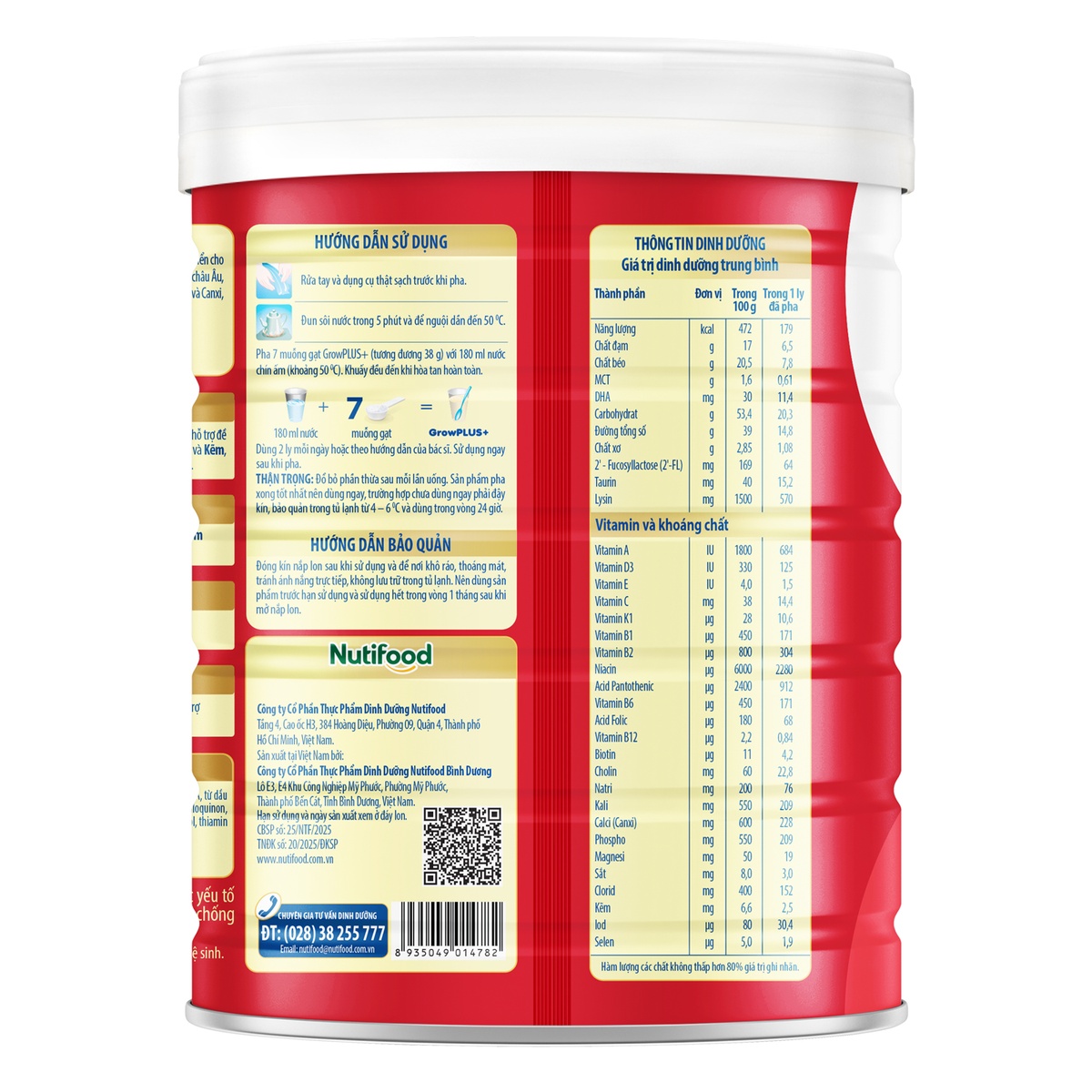 Sữa bột Grow Plus đỏ 1+ 900g  - mặt trái