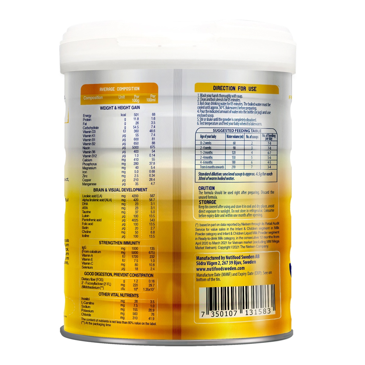 Sữa Nutifood GrowPlus+ Vàng (Sữa non) cho bé 0-12 tháng 850g - mặt trái