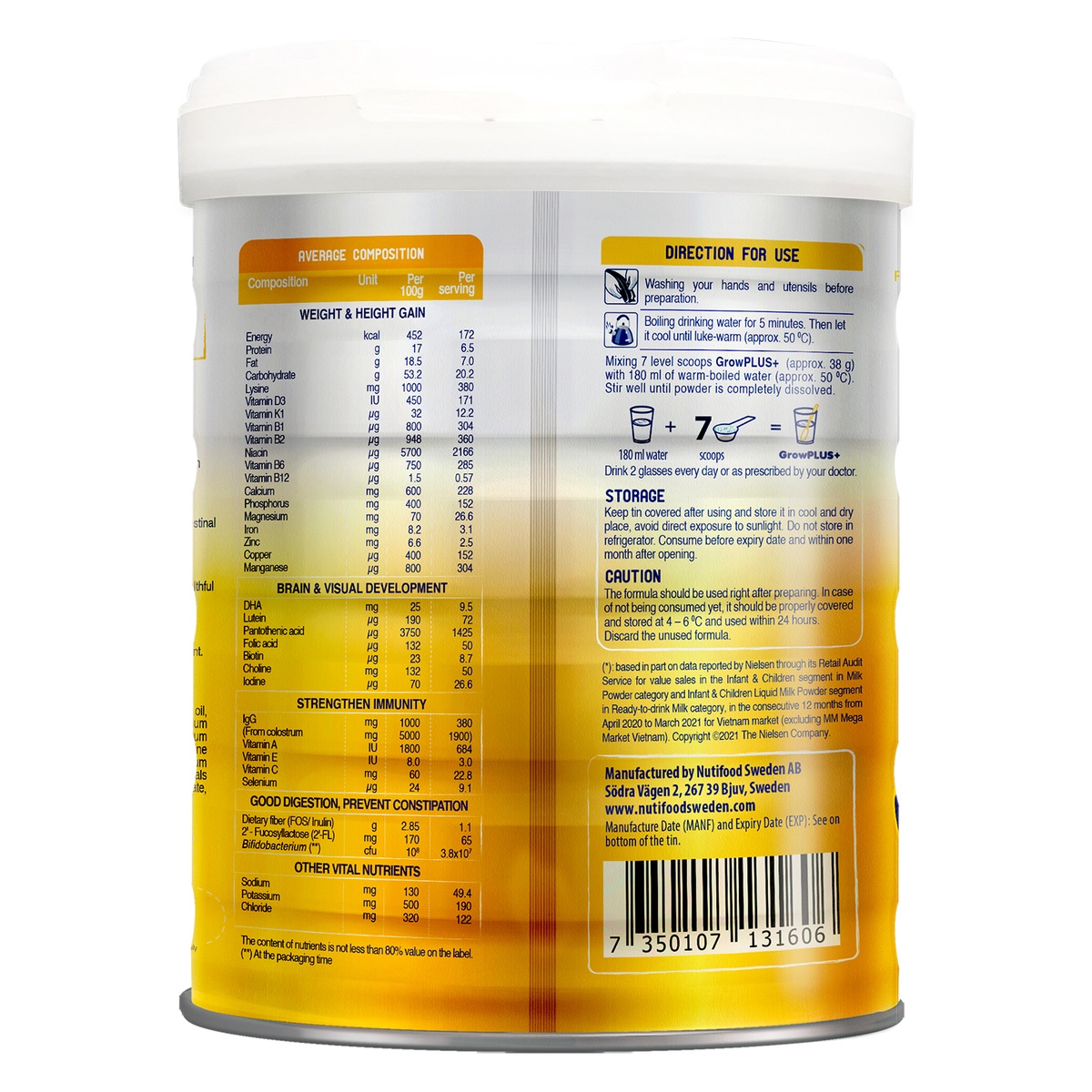 Sữa Nutifood GrowPLUS+ Vàng (Sữa non) cho bé trên 1 tuổi 850g - mặt sau