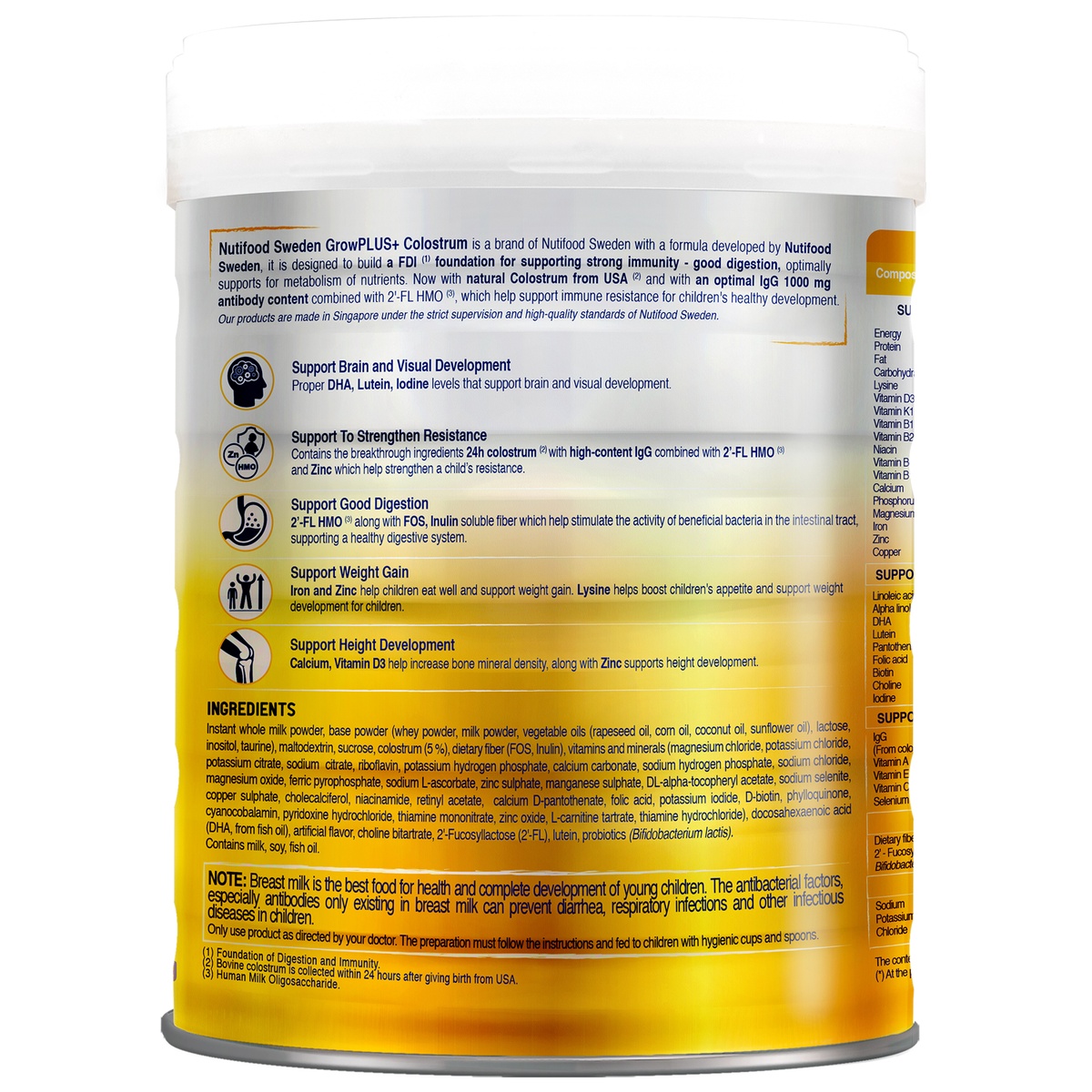 Sữa Nutifood Grow Plus+ Vàng (cho bé >1 tuổi) 800g (Sữa non) - mặt trái