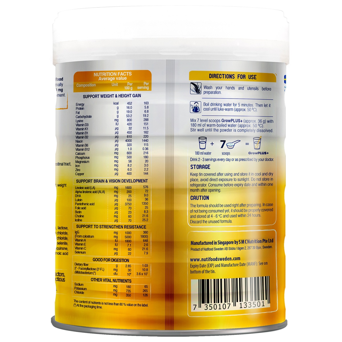 Sữa Nutifood Grow Plus+ Vàng (cho bé >1 tuổi) 800g (Sữa non) - mặt phải