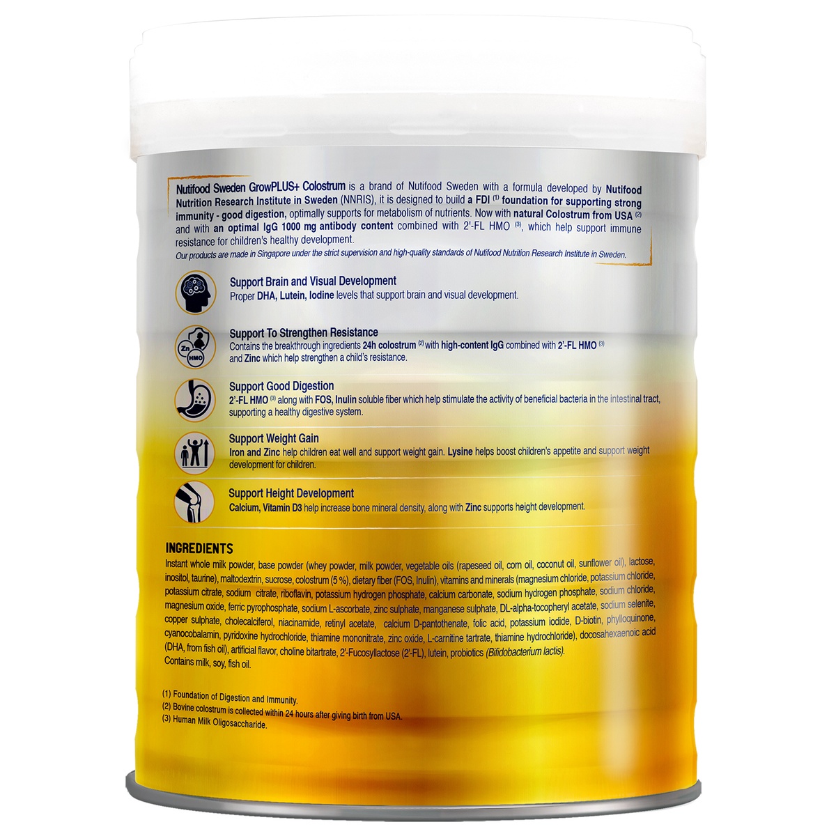 Sản phẩm dinh dưỡng công thức Nutifood Grow Plus+ Vàng (sữa non) 800g (> 2 tuổi) - mặt trái