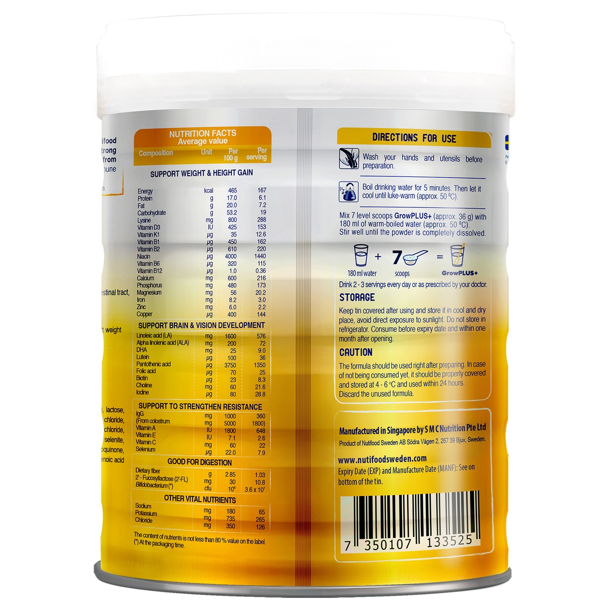 Sản phẩm dinh dưỡng công thức Nutifood Grow Plus+ Vàng (sữa non) 800g (> 2 tuổi) - mặt phải
