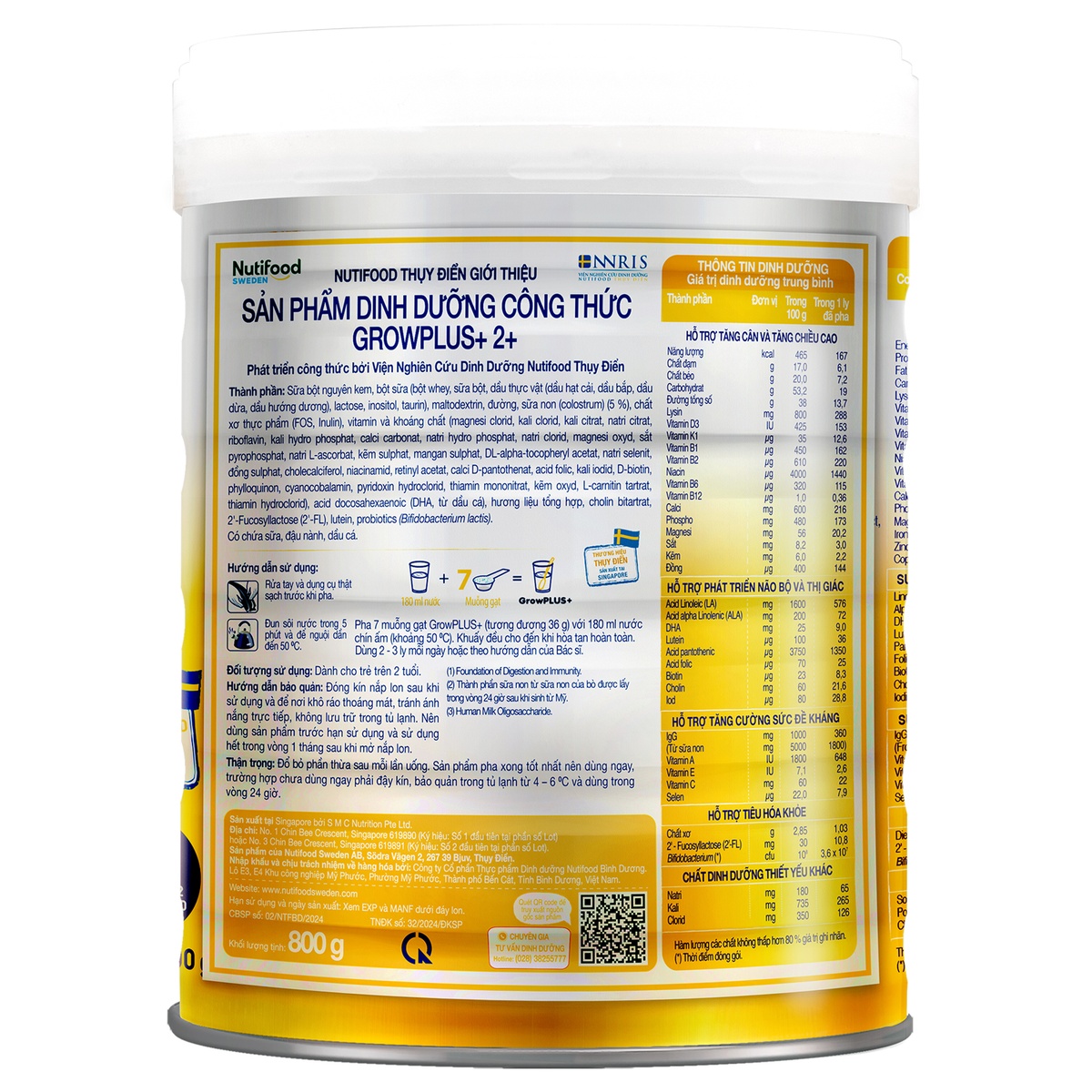 Sản phẩm dinh dưỡng công thức Nutifood Grow Plus+ Vàng (sữa non) 800g (> 2 tuổi) - mặt sau
