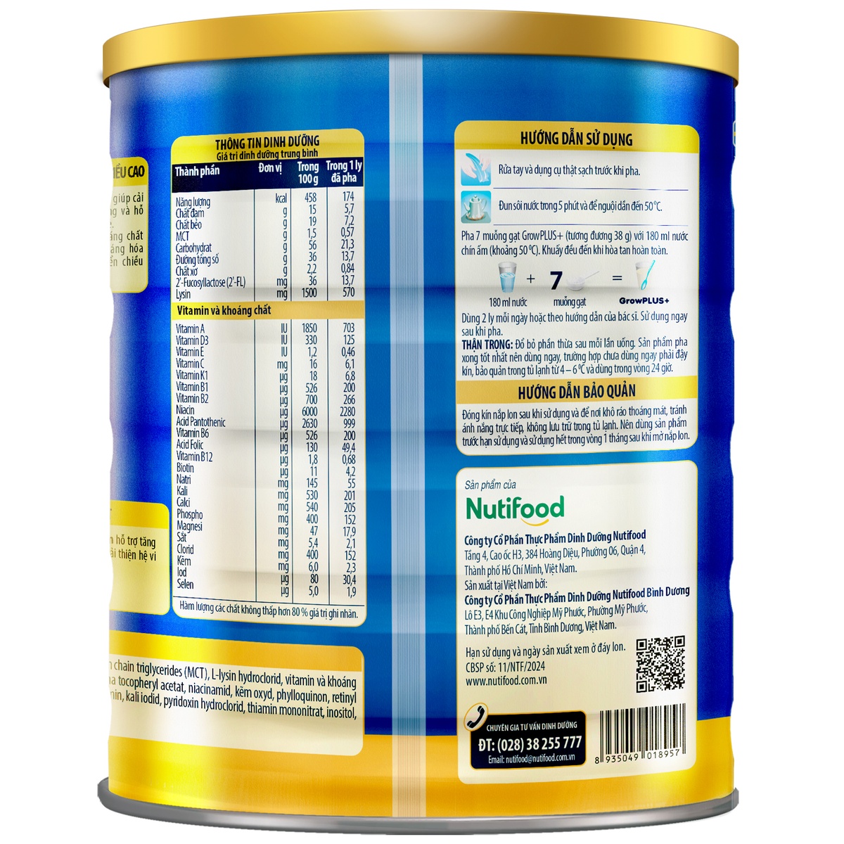Sữa bột Nutifood Grow Plus Xanh 2+ 1.5kg - mặt phải