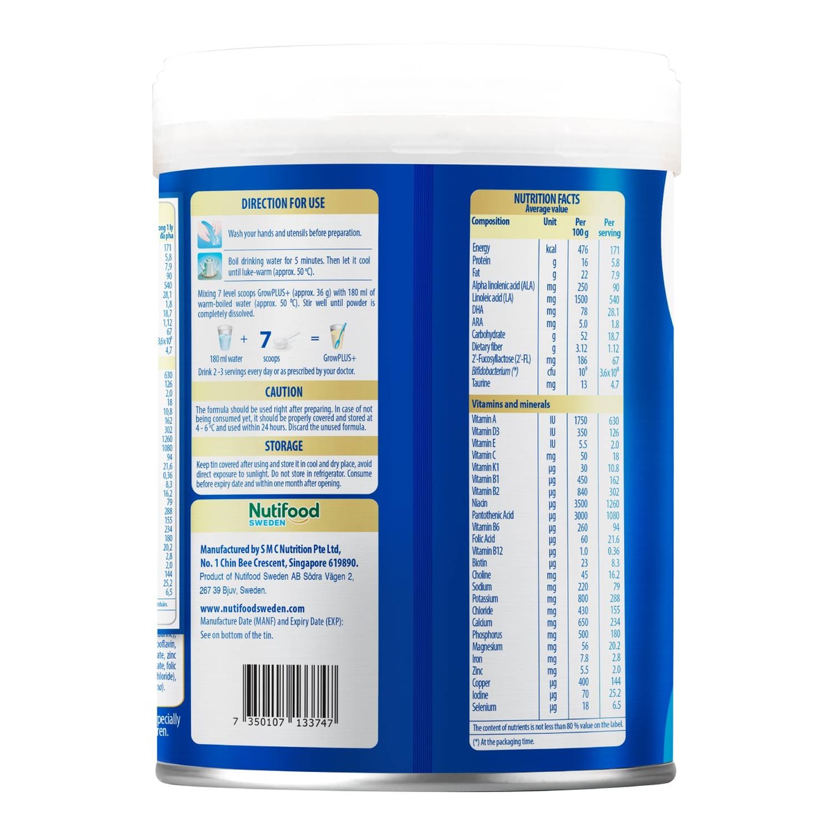 Sữa Nutifood GrowPlus+ Boosting Digestion 1+ (cho bé 1-2 tuổi) 800g - mặt phải