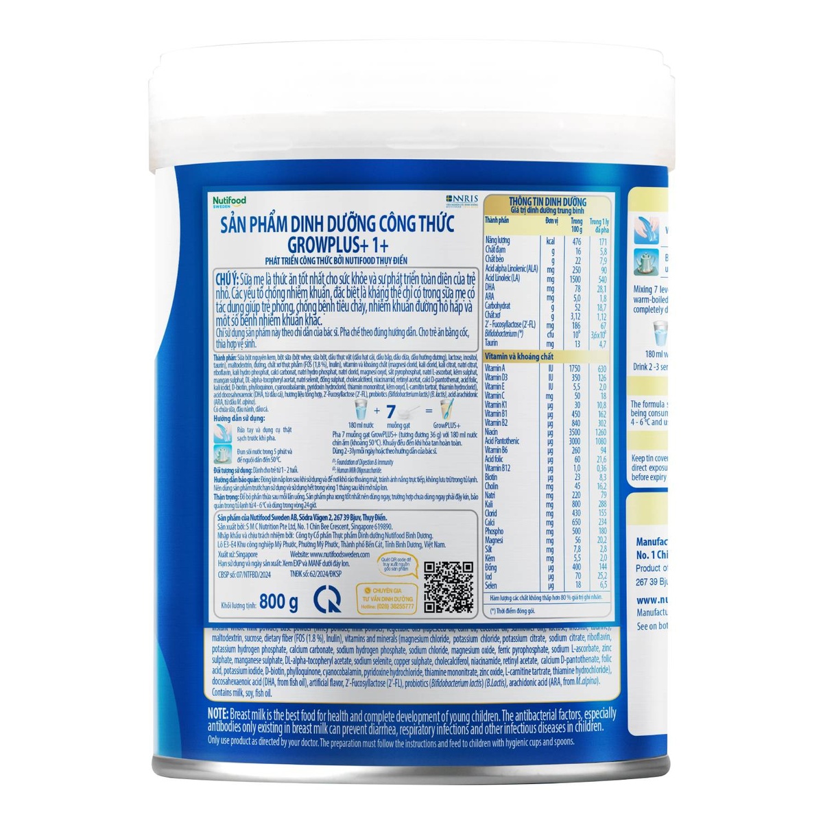 Sữa Nutifood GrowPlus+ Boosting Digestion 1+ (cho bé 1-2 tuổi) 800g - mặt sau