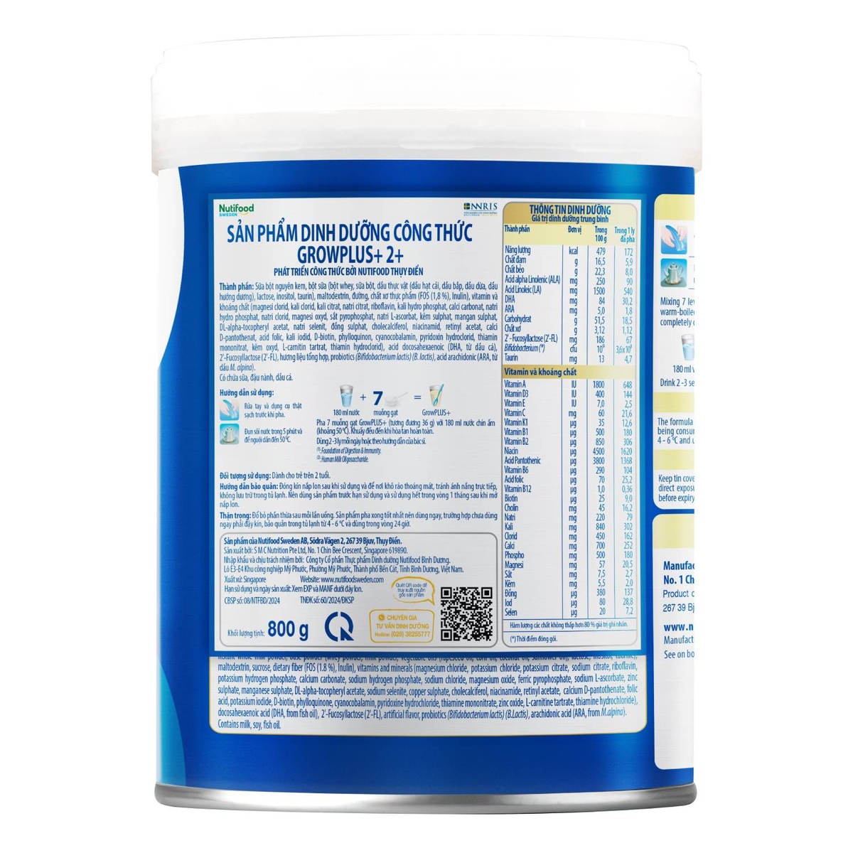 Sữa Nutifood GrowPlus+ Boosting Digestion 2+ (cho bé >2 tuổi) 800g - mặt sau