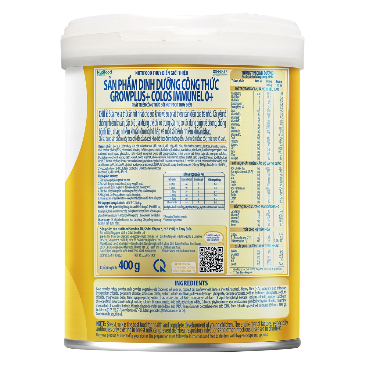 Sữa bột Nutifood GrowPlus+ Colos Immunel 0+ (cho bé 0-12 tháng) 400g - mặt trái
