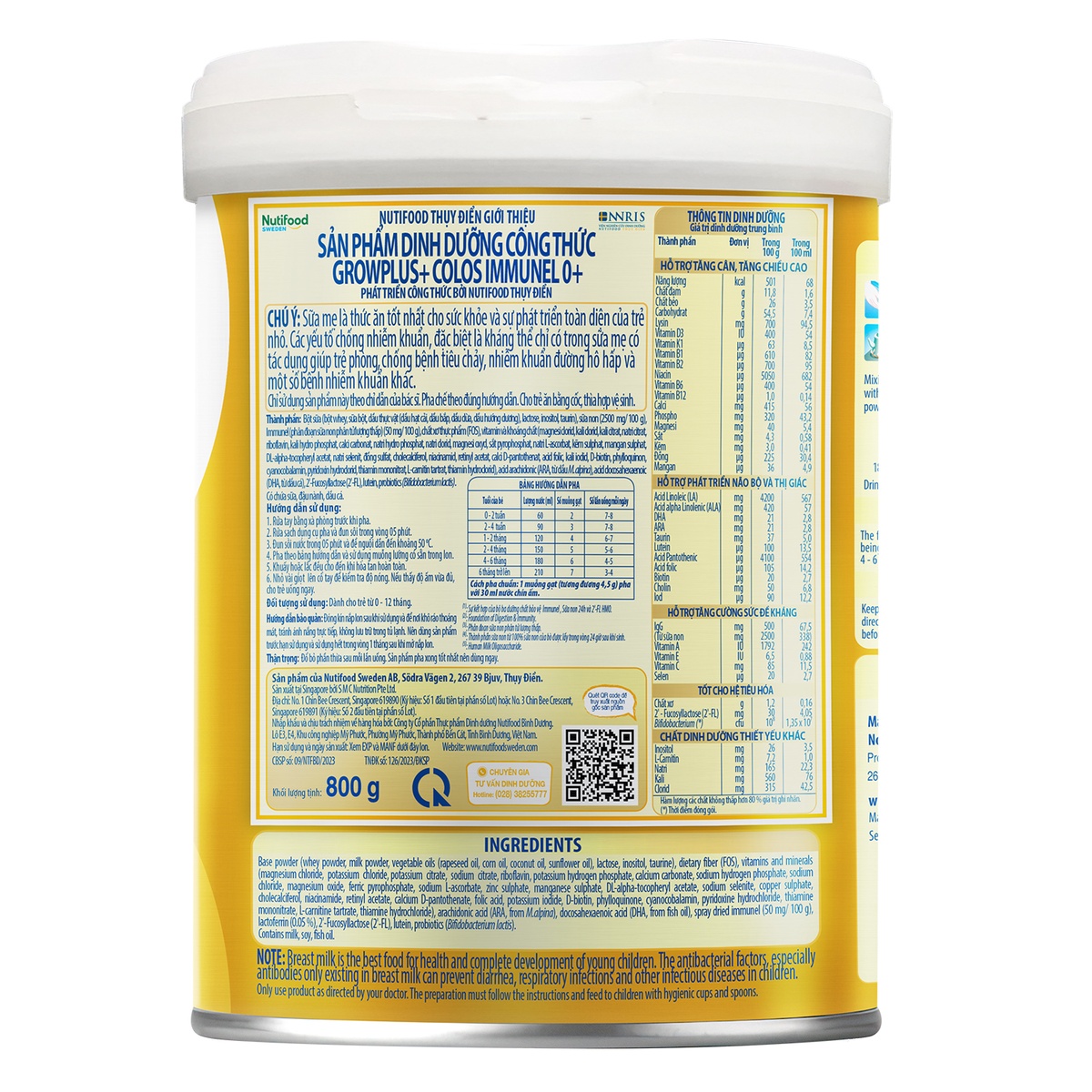 Sữa bột Nutifood GrowPlus+ Colos Immunel 0+ (cho bé 0-12 tháng) 800g - mặt sau