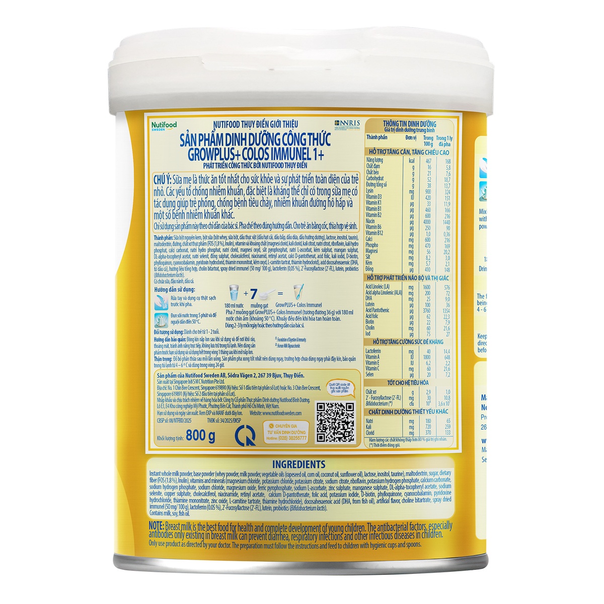 Sữa bột Nutifood GrowPlus+ Colos Immunel 1+ (cho bé 1-2 tuổi) 800g - mặt sau