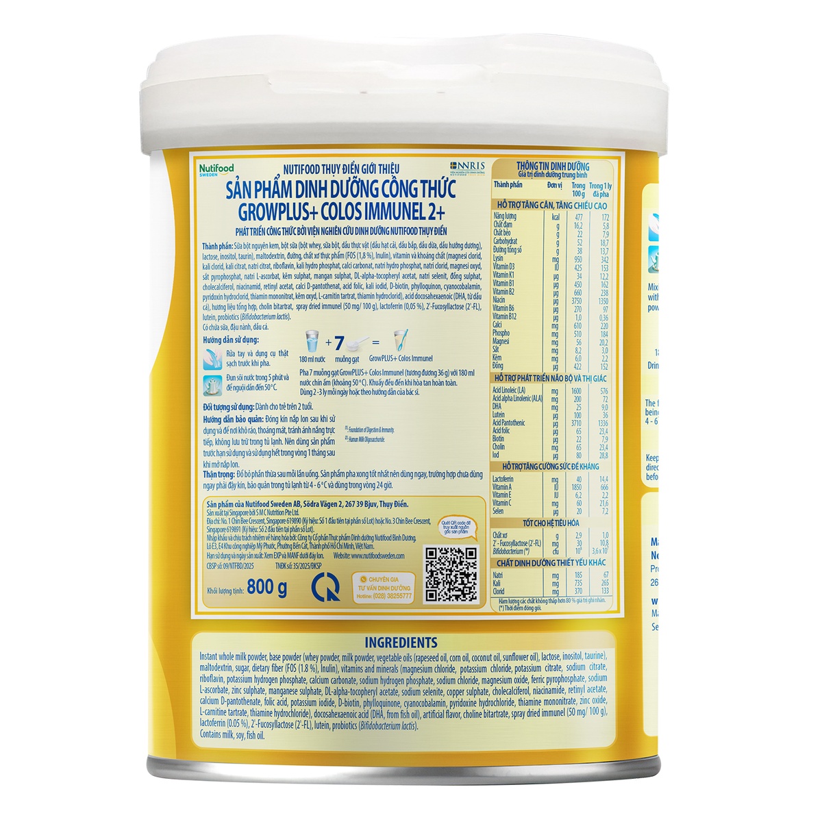 Sản phẩm dinh dưỡng công thức Nutifood GrowPlus+ Colos Immunel 2+ 800g (> 2 tuổi) - mặt phải