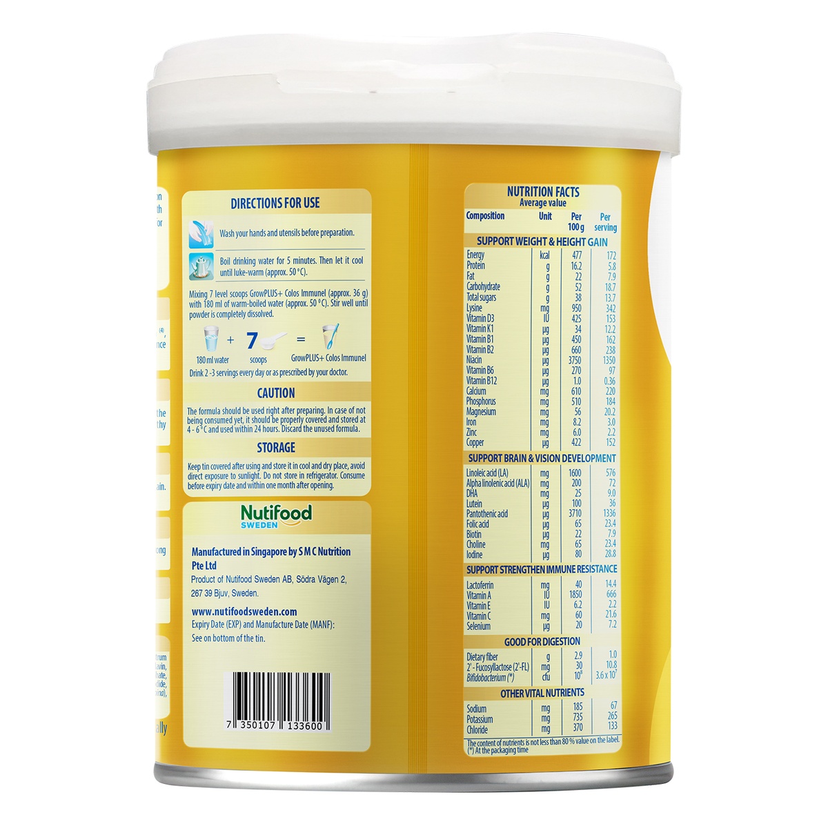 Sản phẩm dinh dưỡng công thức Nutifood GrowPlus+ Colos Immunel 2+ 800g (> 2 tuổi) - mặt sau