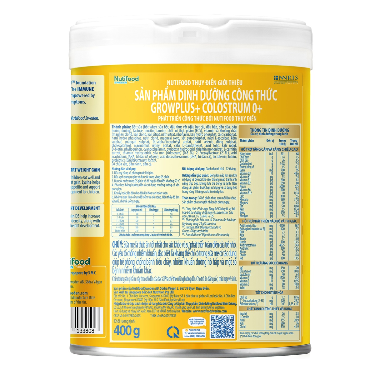 Sữa bột Nutifood GrowPlus+ Colostrum Lactoferrin 0+ (cho bé 0-12 tháng) 400g - mặt sau