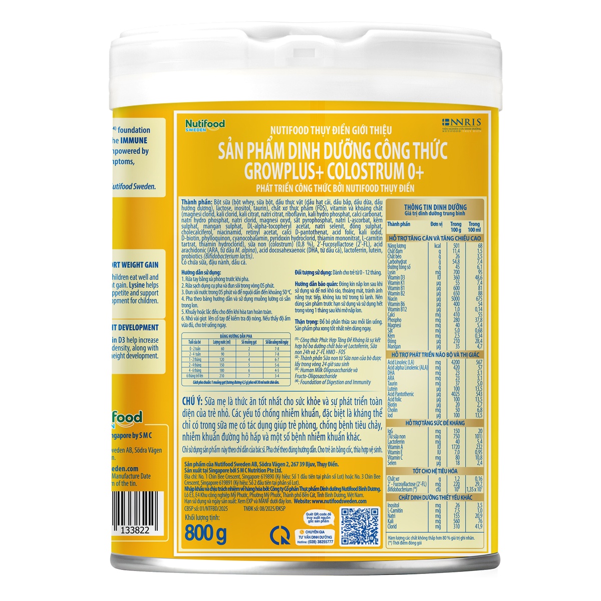 Sữa Nutifood GrowPlus+ Colostrum Lactoferrin 0+ ( cho bé 0-12 tháng) 800g - mặt sau
