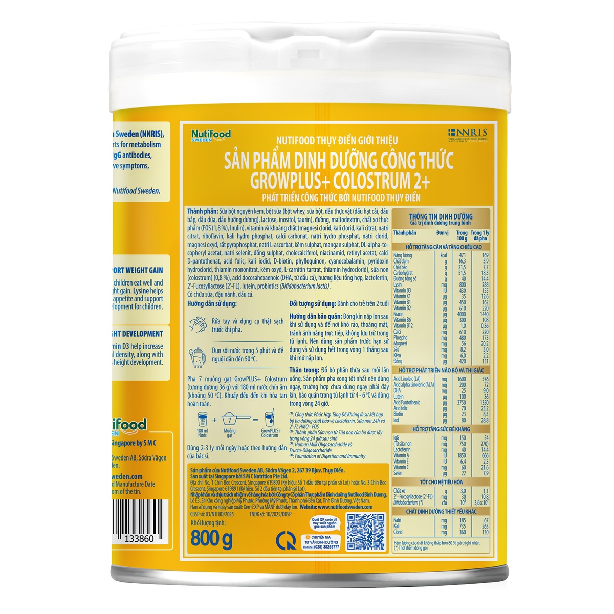 Sữa bột Nutifood GrowPlus+ Colostrum Lactoferrin 2+ 800g cho bé trên 2 tuổi - mặt sau