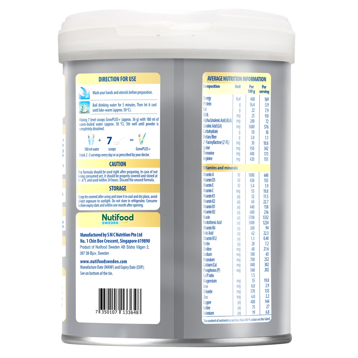 Sữa bột Nutifood GrowPlus+ Height Boosting 2+ (cho bé >2 tuổi) 800g - mặt phải