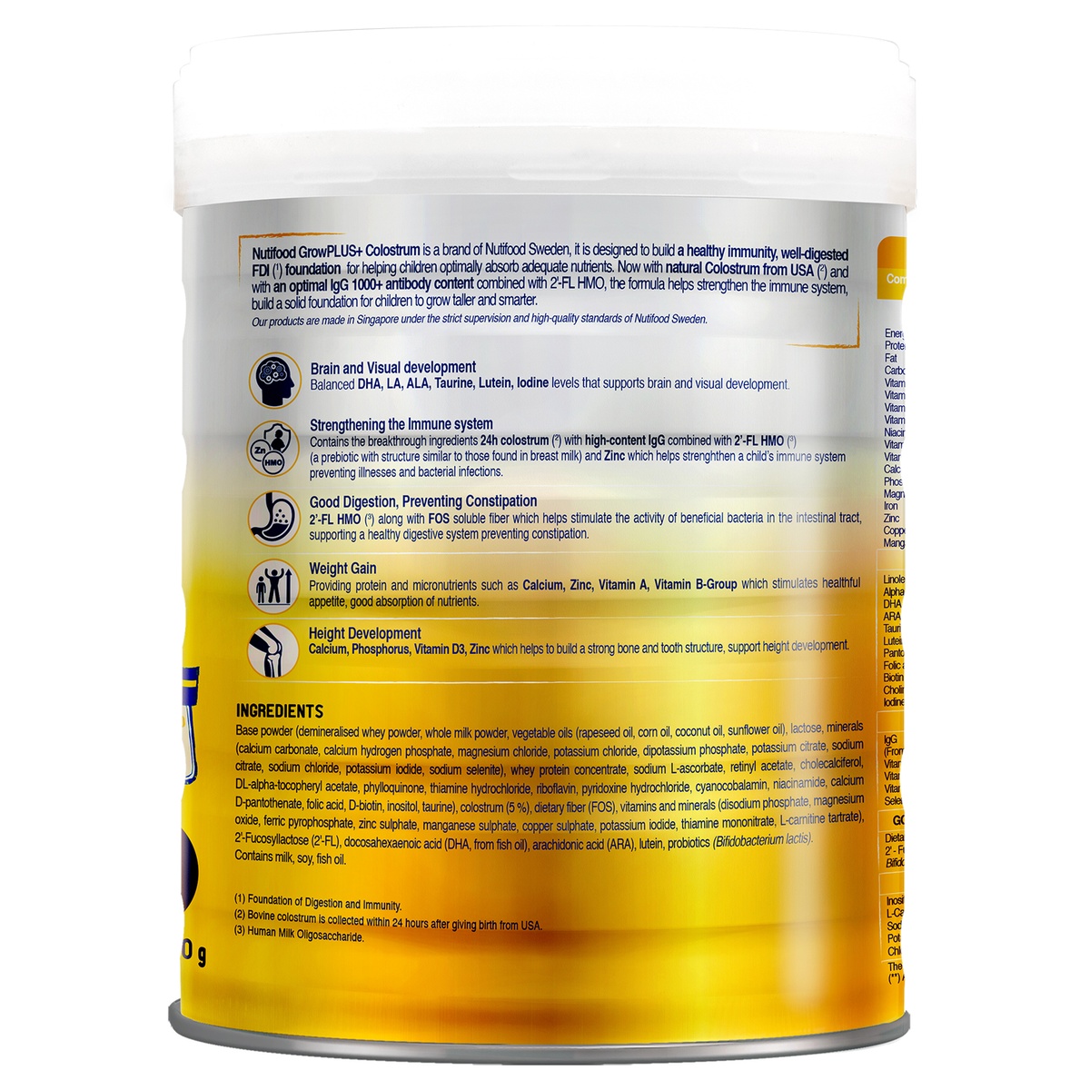 Sản phẩm dinh dưỡng công thức Nutifood GrowPlus+ Vàng (sữa non) 800g (0-12M) - mặt trái