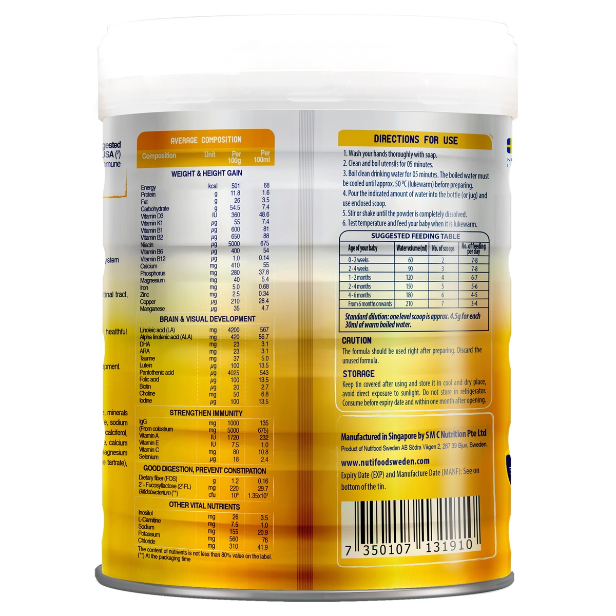 Sản phẩm dinh dưỡng công thức Nutifood GrowPlus+ Vàng (sữa non) 800g (0-12M) - mặt phải