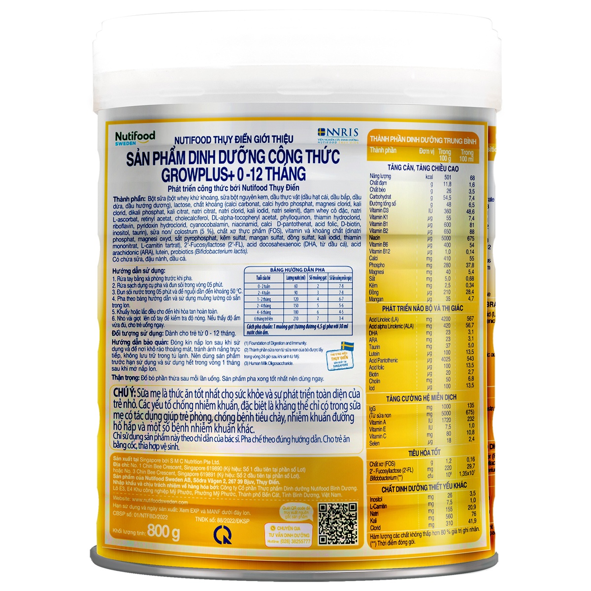 Sản phẩm dinh dưỡng công thức Nutifood GrowPlus+ Vàng (sữa non) 800g (0-12M) - mặt sau