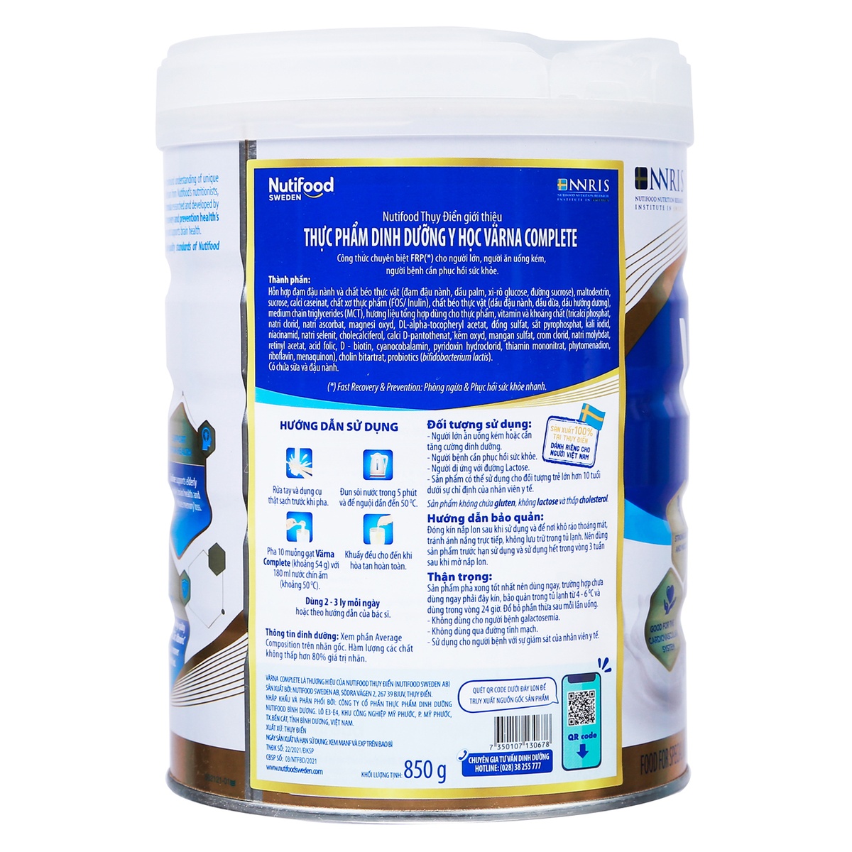 Sữa bột Nutifood Varna Complete 850g - mặt trái