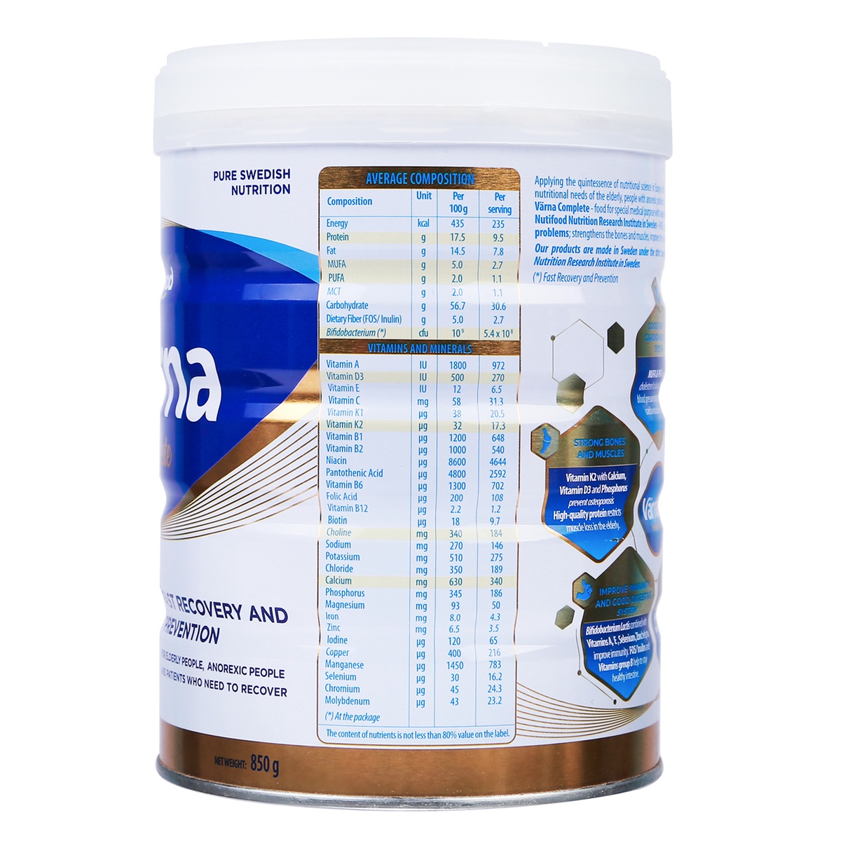 Sữa bột Nutifood Varna Complete 850g - mặt sau