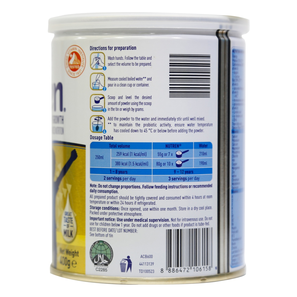 Sữa bột Nutren Junior 400g New (cho bé 1-12 tuổi) - mặt trái