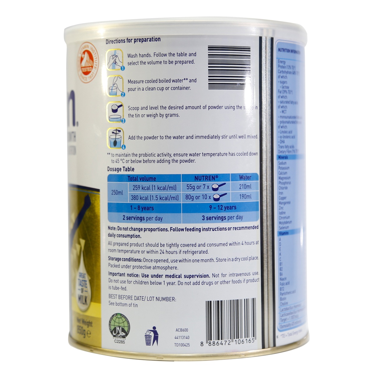 Sữa bột Nutren Junior 850g New  (cho bé 1-12 tuổi) - mặt trái