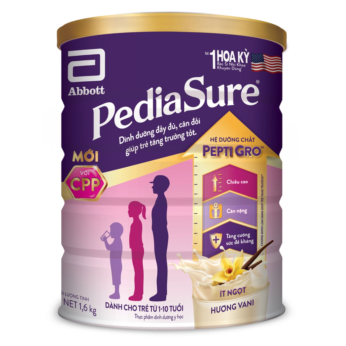 Thực phẩm dinh dưỡng y học Pediasure BA ít ngọt 1.6kg (cho trẻ 1-10 tuổi) - Sữa PediaSure BA 1600g vị vani ít ngọt cho bé 1-10 tuổi-1