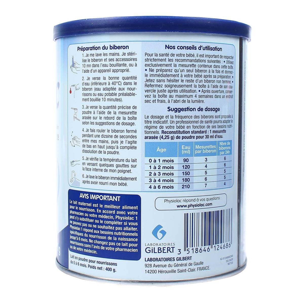 Sữa Physiolac số 1 400g New cho bé từ 0-6 tháng - mặt trái