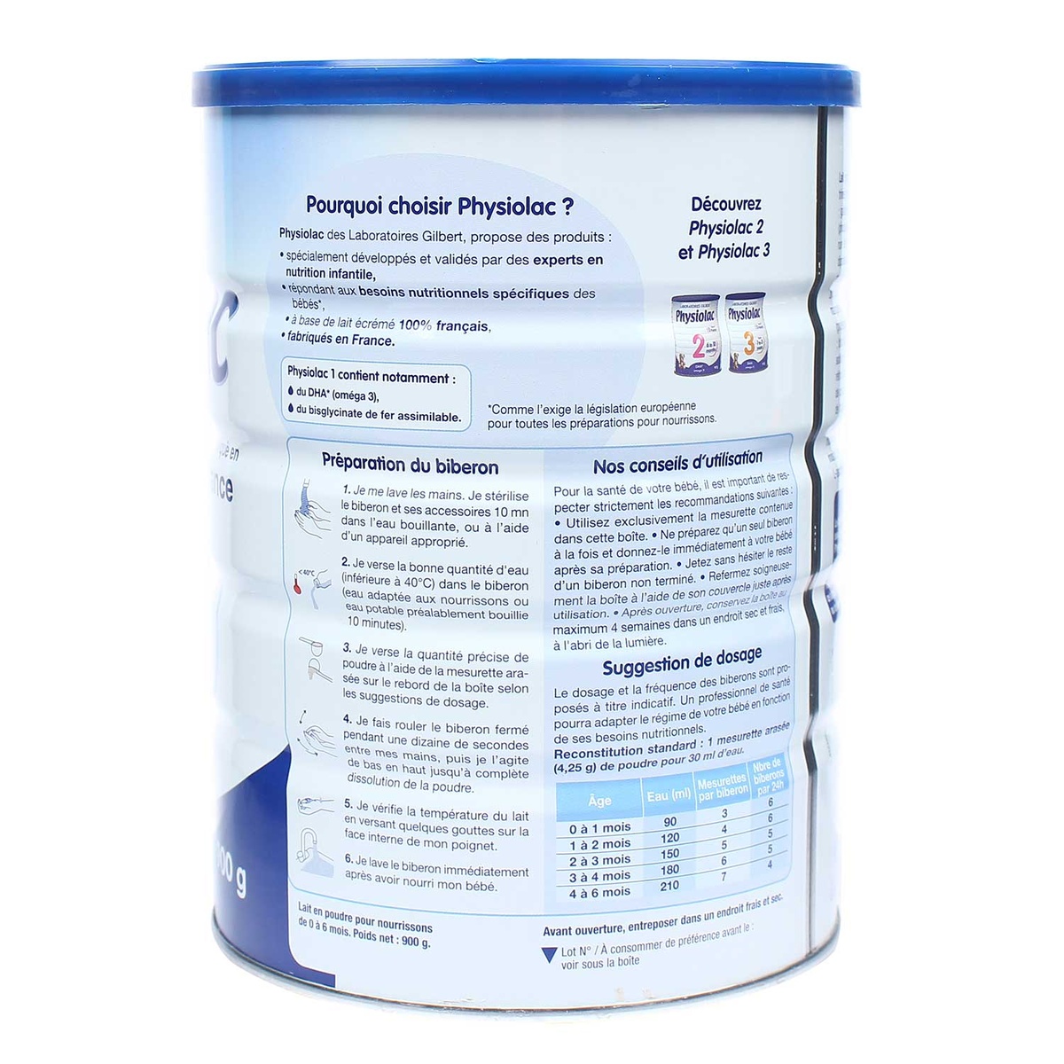 Sữa Physiolac số 1 900g New cho bé từ 0-6 tháng - mặt trái