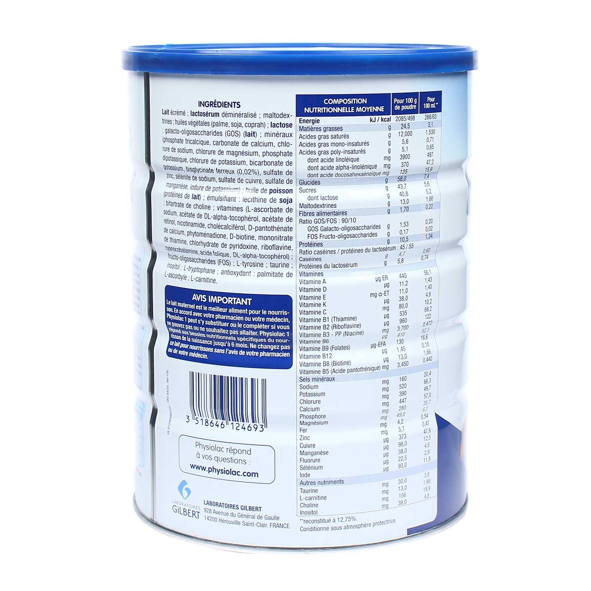 Sữa Physiolac số 1 900g New cho bé từ 0-6 tháng - mặt phải