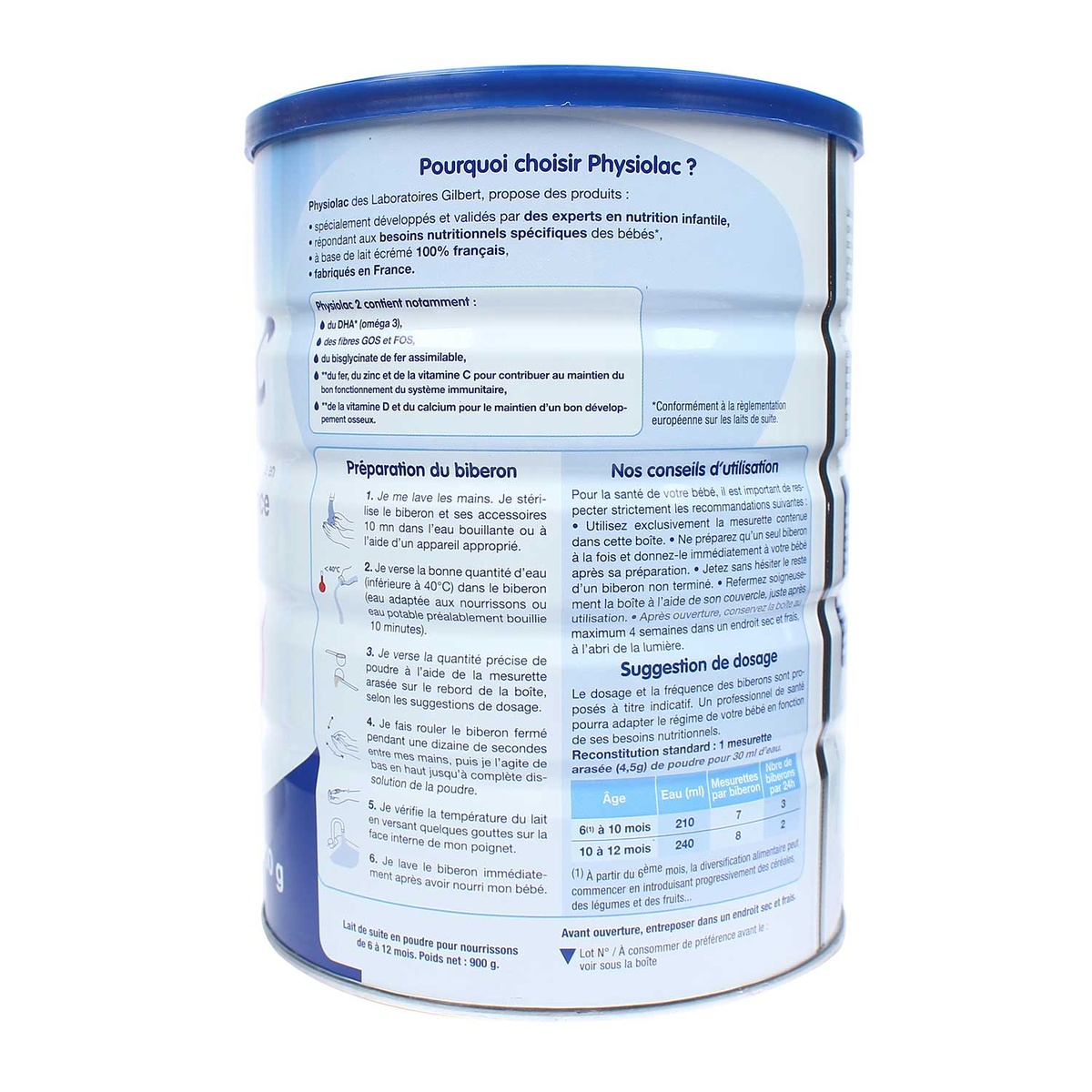 Sữa Physiolac số 2 900g New cho bé từ 6-12 tháng - mặt trái