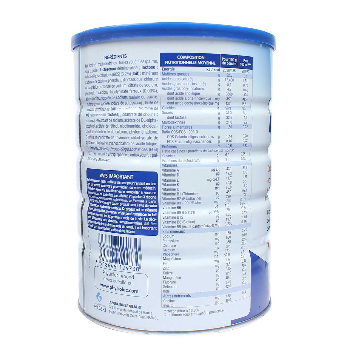 Sữa Physiolac số 3 900g New cho bé từ 1-3 tuổi - mặt phải
