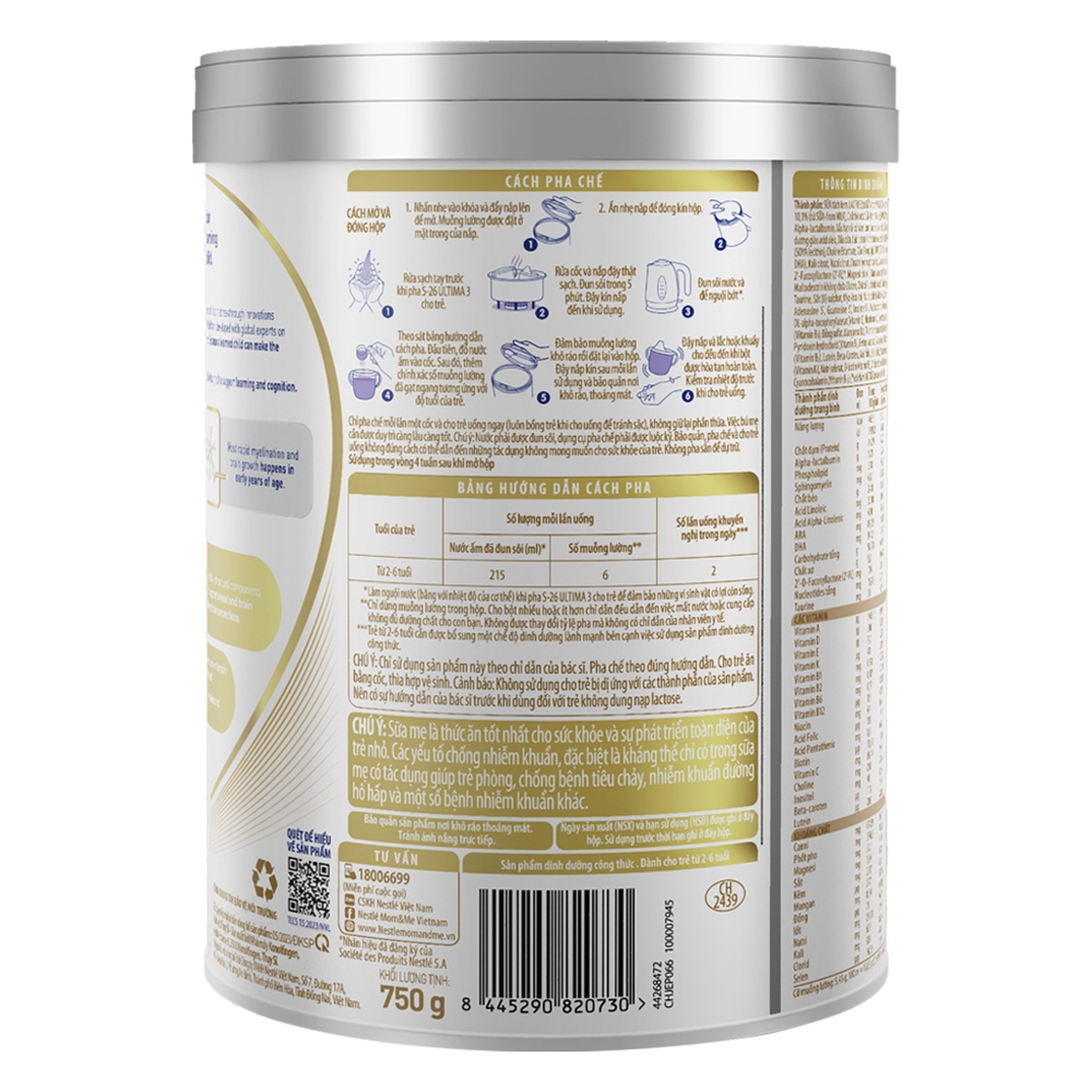 Sữa bột S-26 Ultima 3 750g dành cho bé từ 2-6 tuổi - mặt sau