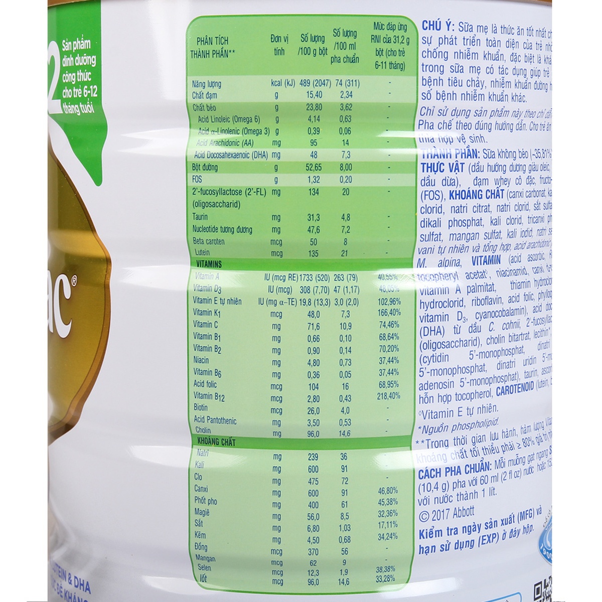 Sữa Similac số 2 900g (6 - 12 tháng) - mặt sau