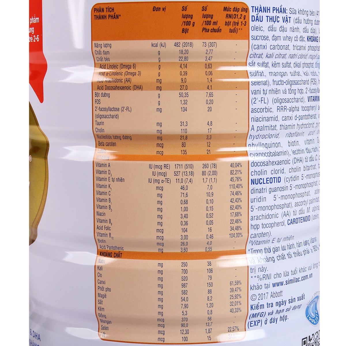 Sữa Similac số 4 900g (2 - 6 tuổi) - mặt sau