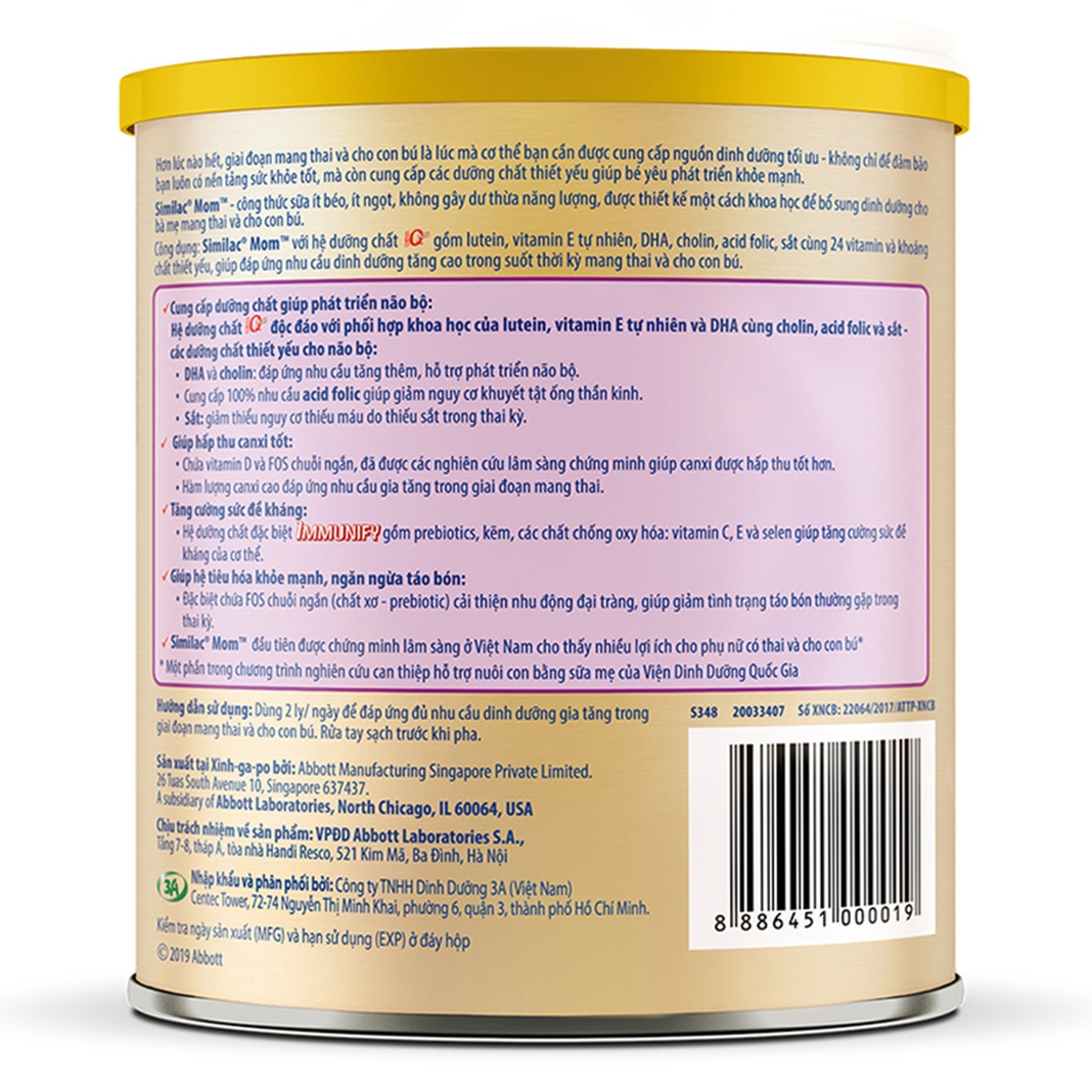 Sữa bột Similac Mom IQ Plus hương Vani 400g - mặt sau