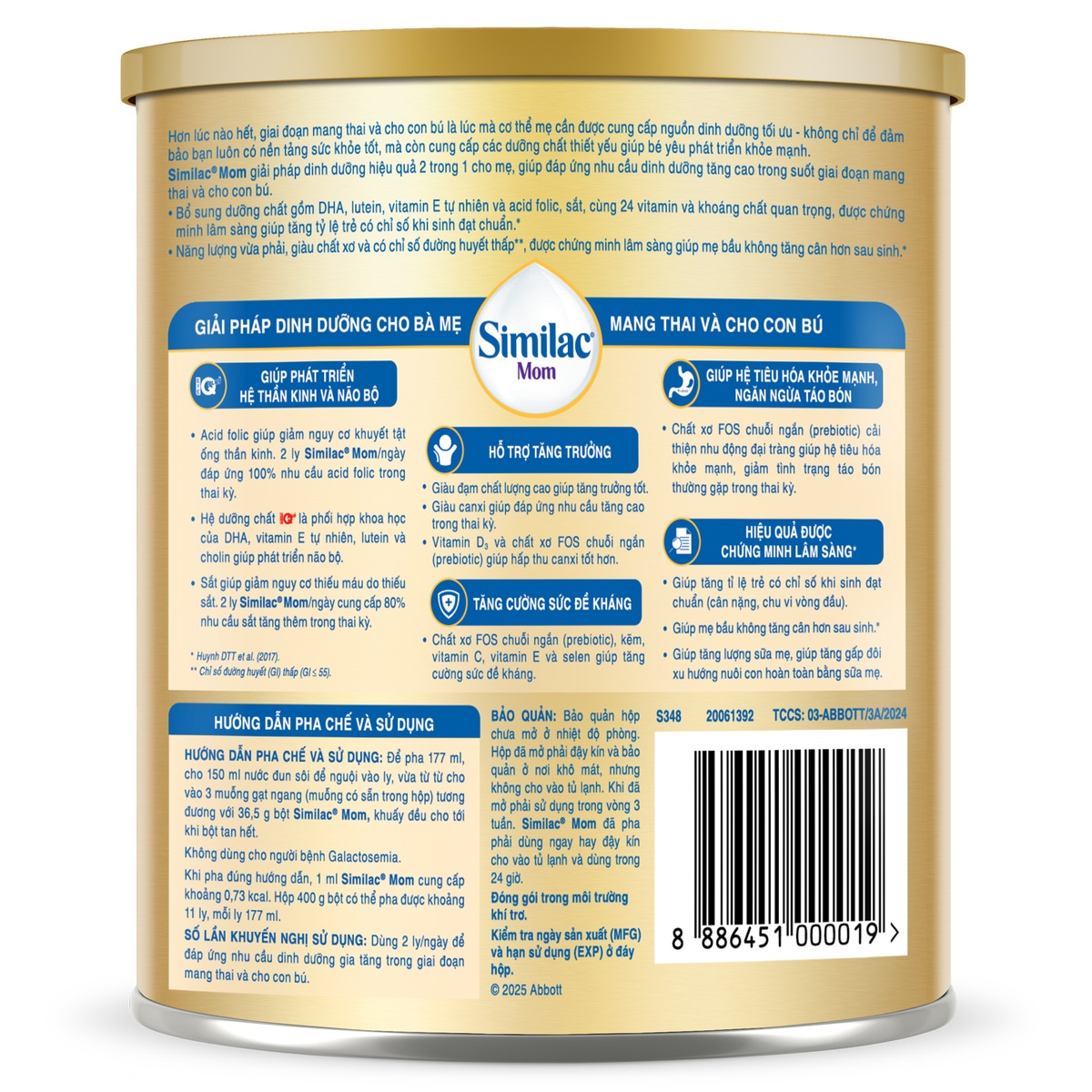 Sữa bột Similac Mom IQ Plus hương Vani 400g - mặt sau