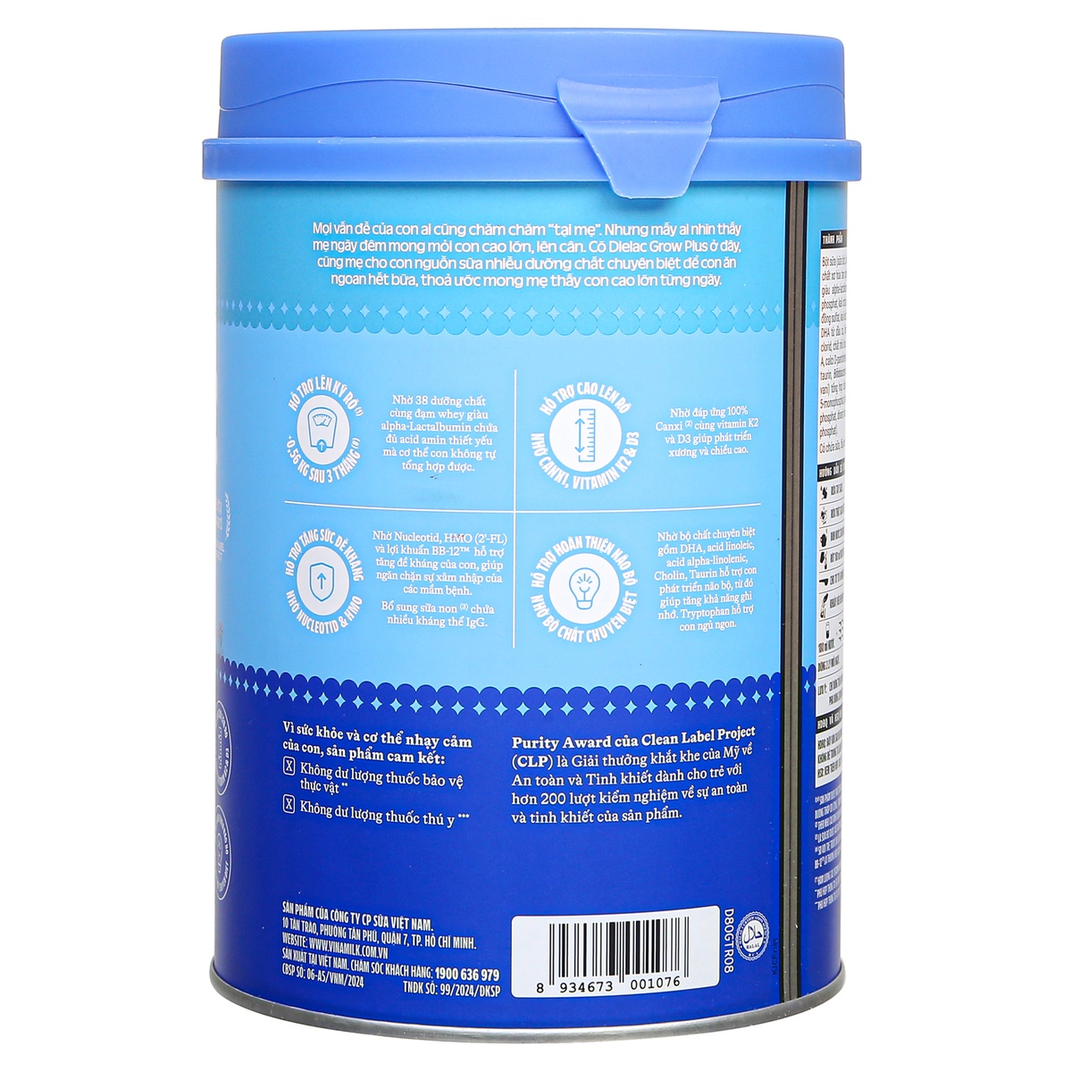 Sữa Vinamilk Dielac Grow Plus 2+ (cho bé 2-10 tuổi) 850g - New - mặt phải