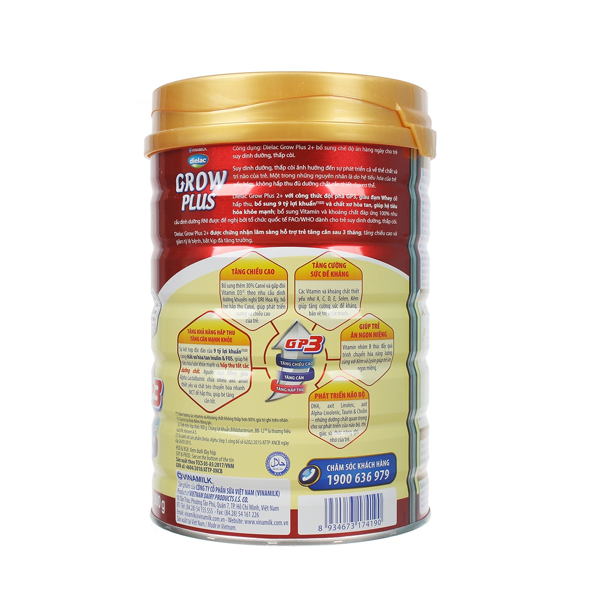 Sữa Vinamilk Dielac Grow Plus 2+ 900g cho bé 2Y-10Y - mặt trái