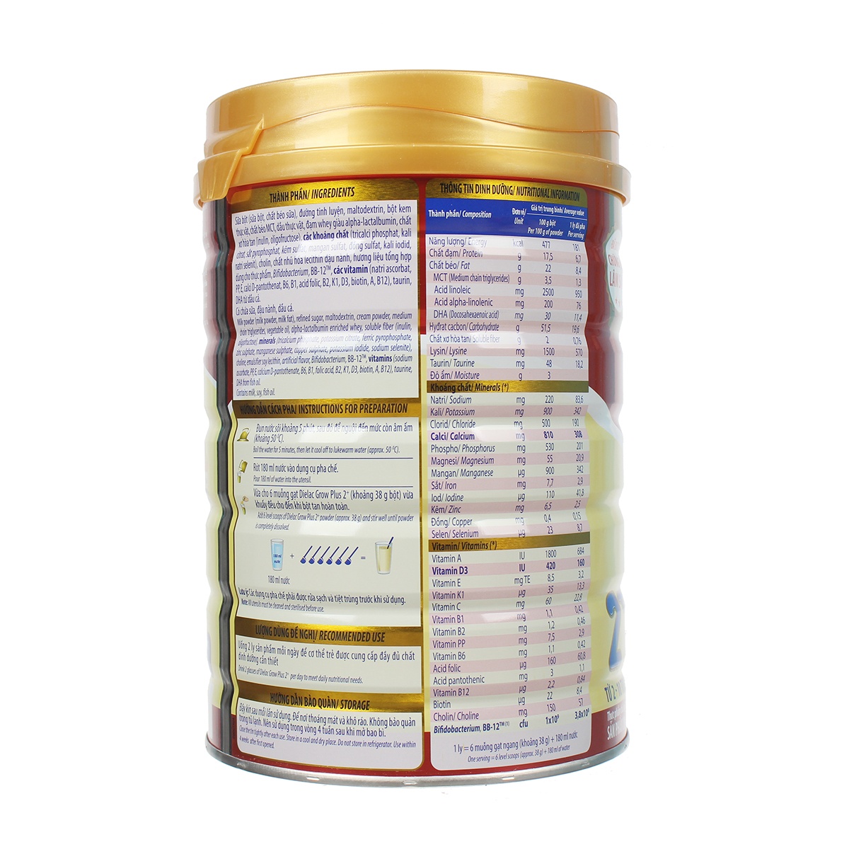 Sữa Vinamilk Dielac Grow Plus 2+ 900g cho bé 2Y-10Y - mặt phải