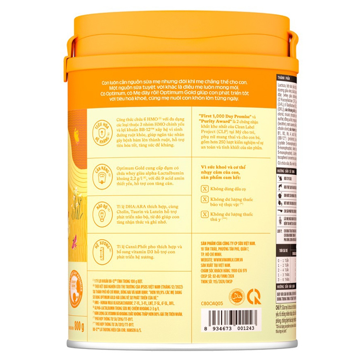 Sữa bột Vinamilk Optimum Gold 1 lon 800g (0 - 6 tháng) - mặt trái