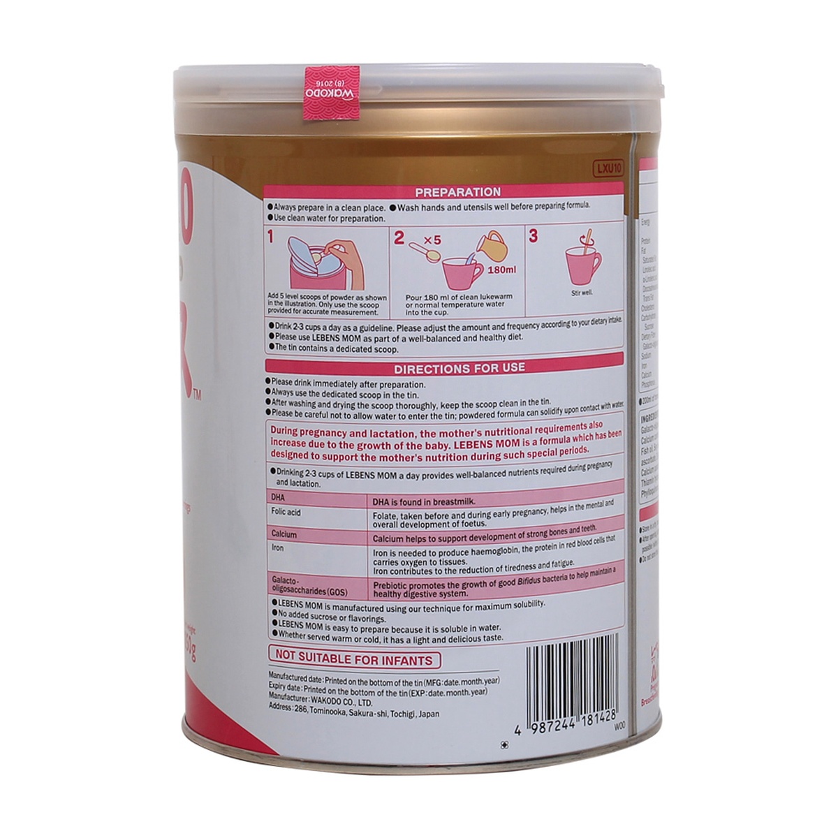 Sữa bột Wakodo Lebens Mom 850g - mặt phải