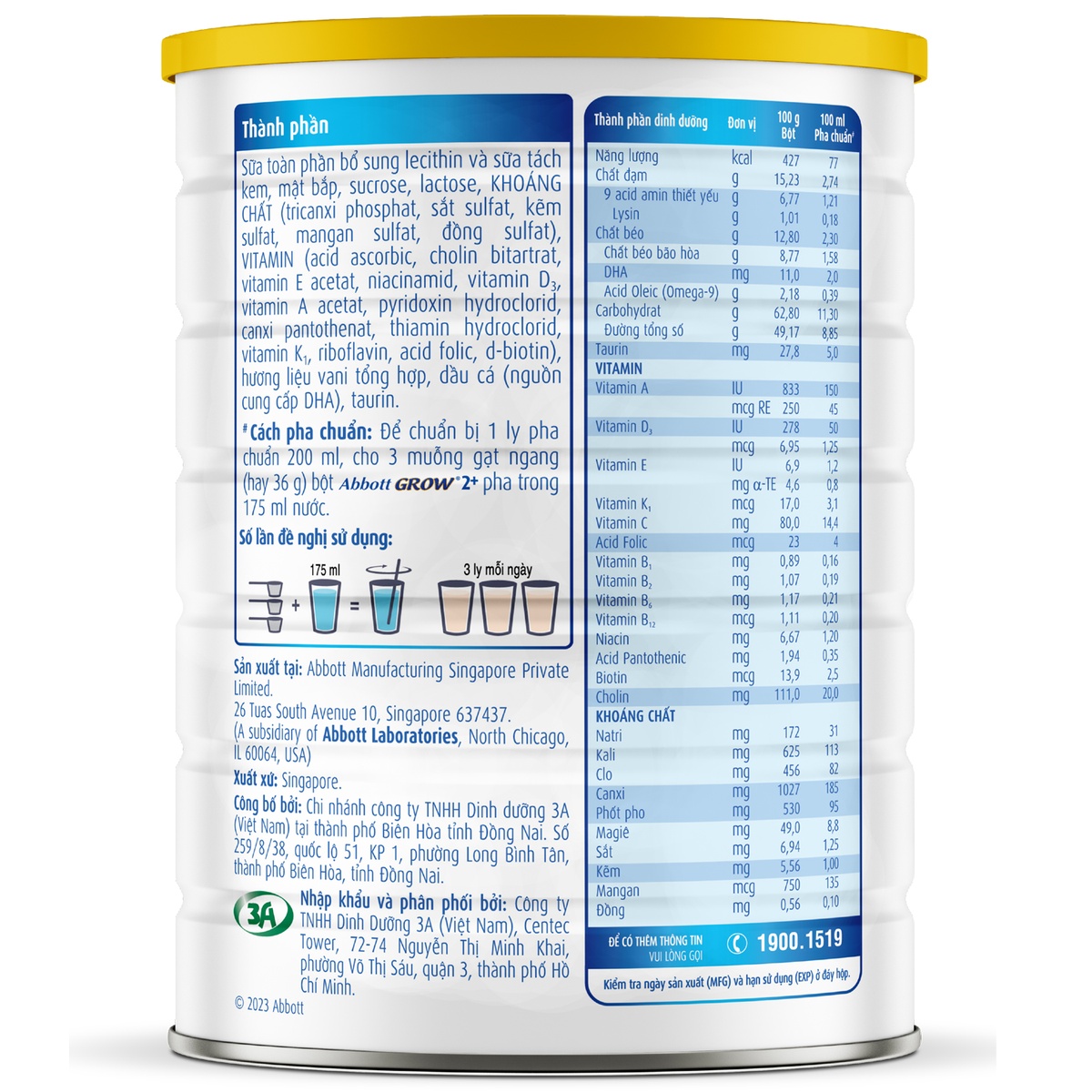 Sữa Abbott Grow số 4/2+ (cho bé >2 tuổi) 1.7kg/1.6kg - mặt trái