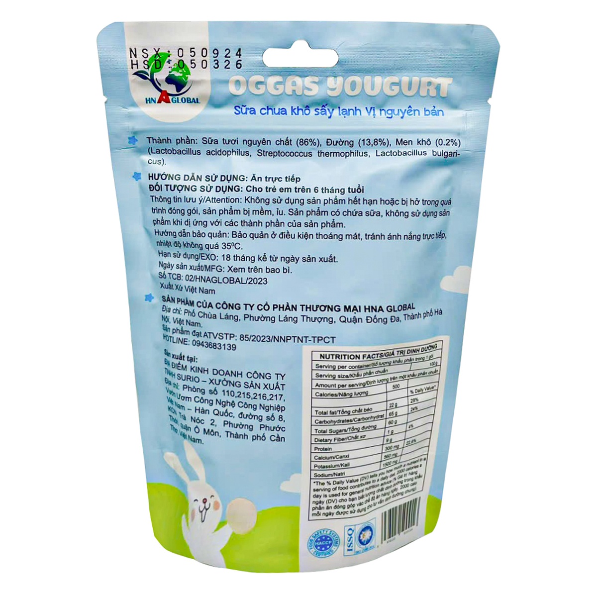 Sữa chua khô Oggas Yougurt vị nguyên bản 18g - mặt trái