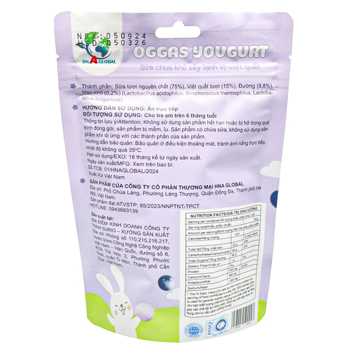 Sữa chua khô sấy lạnh Oggas Yogurt vị việt quất 18g - mặt trái