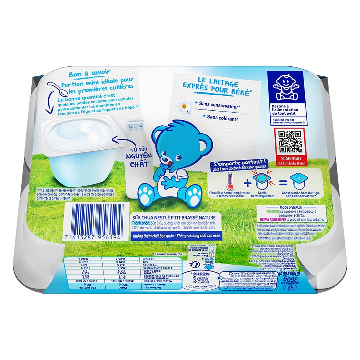 Sữa chua nguội Nestlé P'tit Brasse vị tự nhiên (lốc 6x60g) - góc nghiêng
