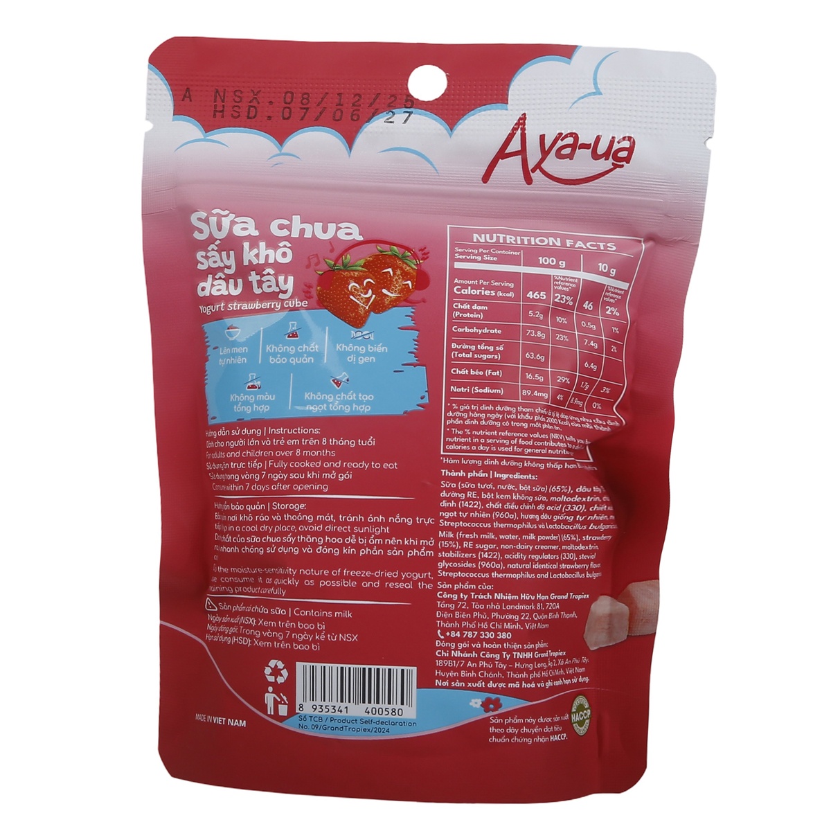 Sữa chua sấy khô Aya-ua vị dâu cho bé 10g - mặt trái