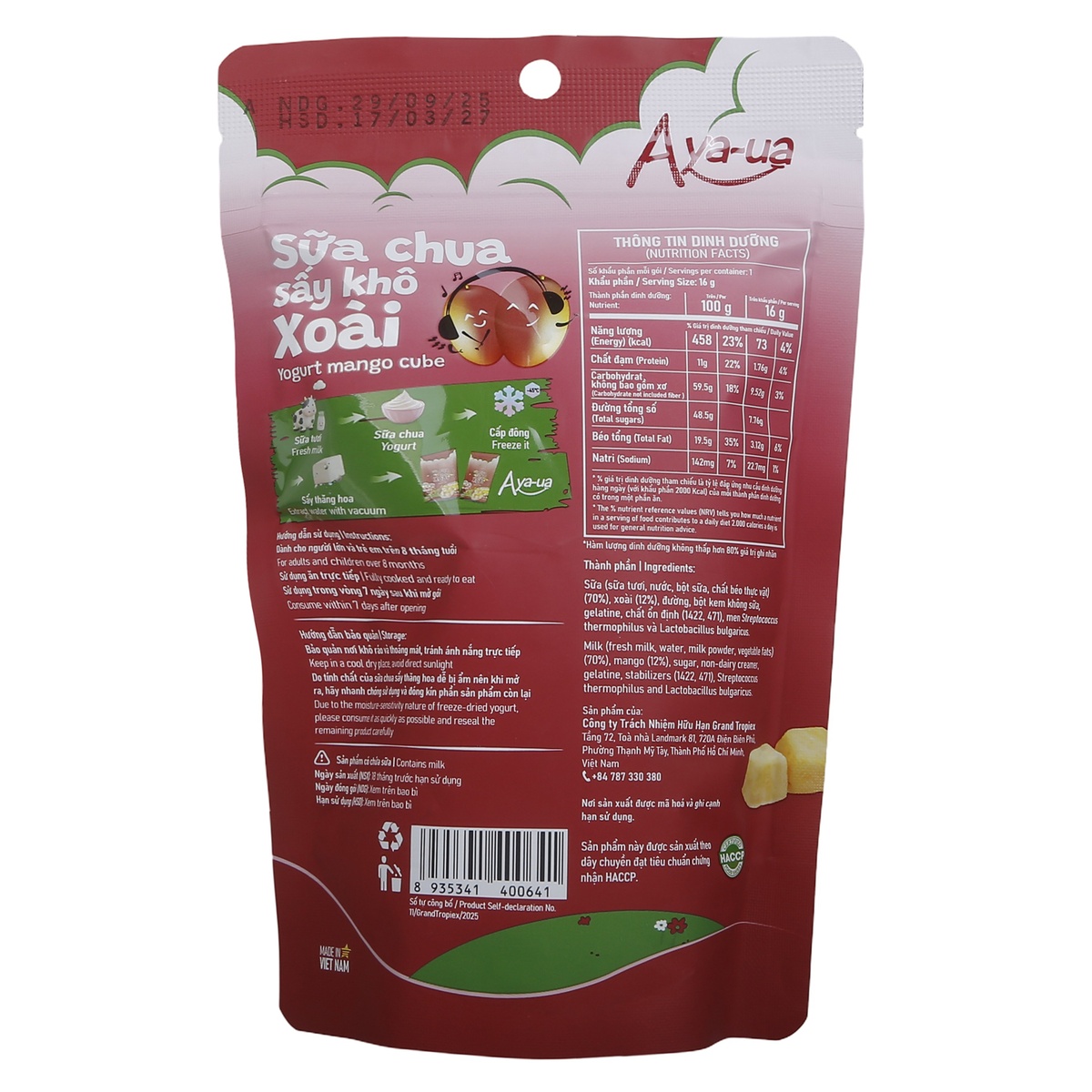  Sữa chua sấy khô Aya-ua vị xoài 16g - mặt trái